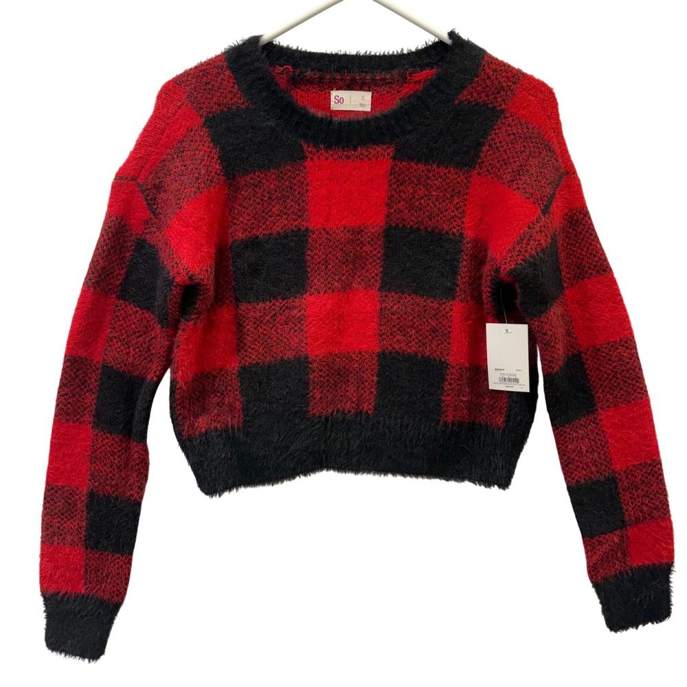 NWT Red Black Buffalo Plaid Cropped Fuzzy Sweater Small Y2K Grunge